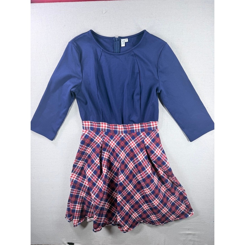 Missmy Navy Blue Plaid Fit and Flare Dress 3/4 Sleeve Pleated Skirt Size Large - Picture 4 of 8